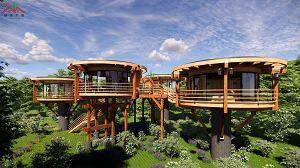 四套圓形架空木屋組合成一個(gè)小型度假木屋，這樣的案例合適山坡上建造。