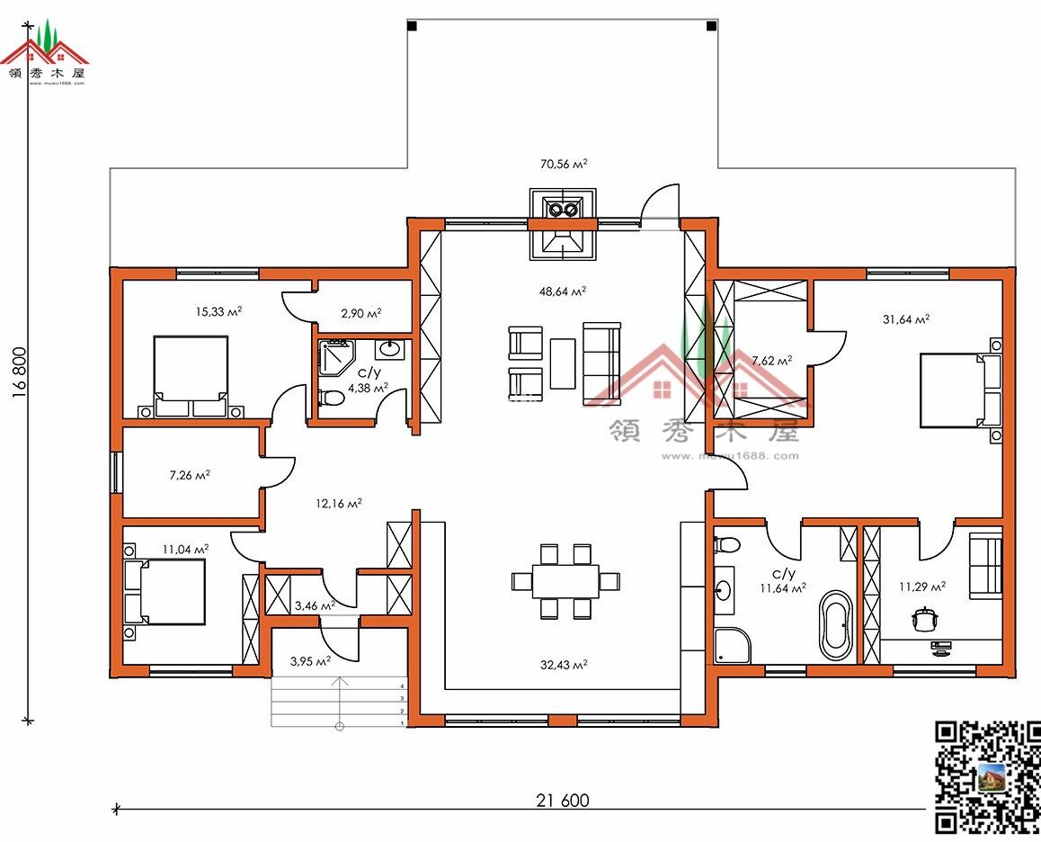200平方單層三房兩廳兩衛(wèi)木屋別墅(圖5)